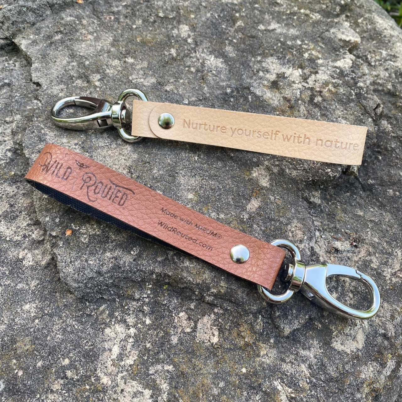 Wild Routed branded nurture yourself with nature mirum keyring strap in tan and brown suede