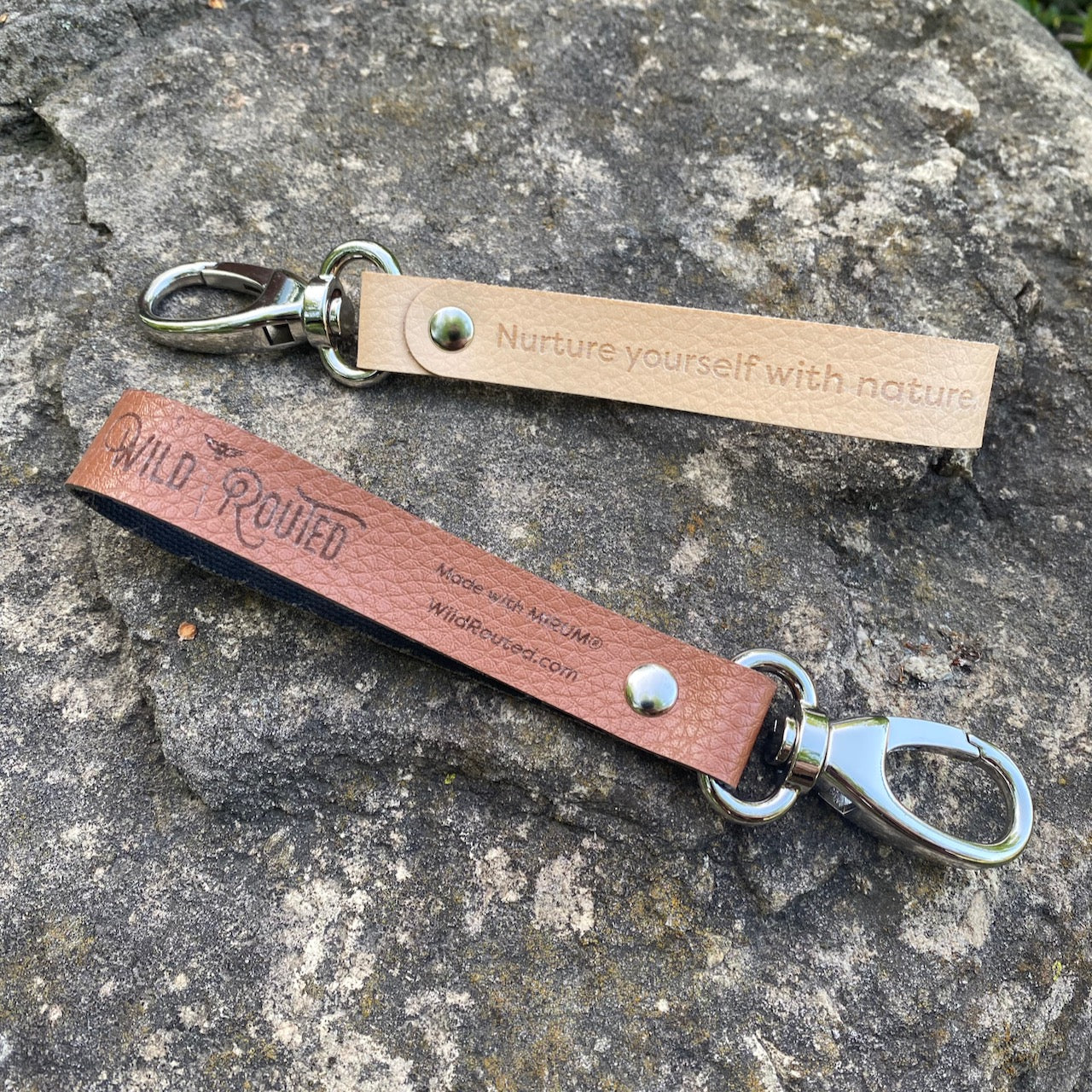 Wild Routed branded nurture yourself with nature mirum keyring strap in tan and brown suede 